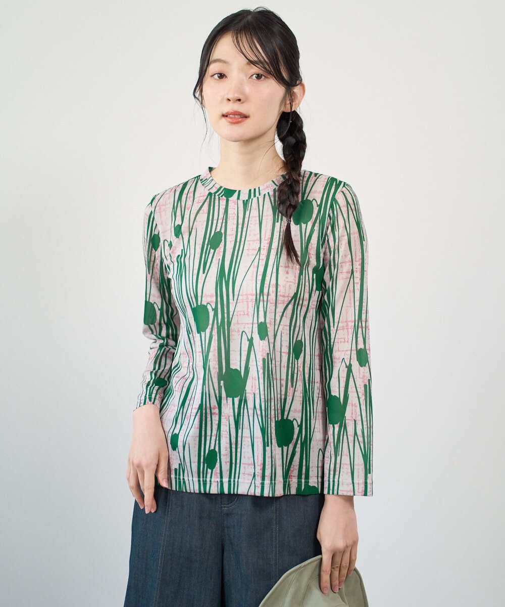 NGKGF32180 GIANNI LO GIUDICE(ジャンニ ロ ジュディチェ) [洗える・日本製]幾何ストライププリントカットソー グリーン×ネイビー