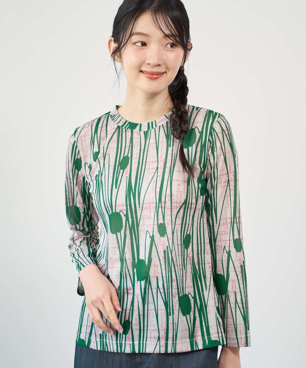 NGKGF32180 GIANNI LO GIUDICE(ジャンニ ロ ジュディチェ) [洗える・日本製]幾何ストライププリントカットソー ベージュ×グリーン
