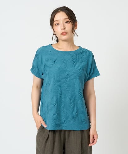 NGKHD69140  [洗える・日本製]ドットタックフレンチスリーブ異素材ドッキングカットソー