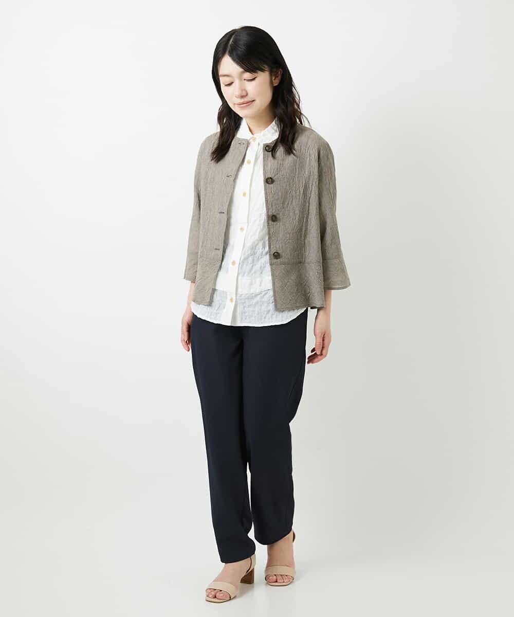 NHBHF80270 GIANNI LO GIUDICE(小さいサイズ)(メゾン ドゥ サンク) 綿麻ワッシャーペプラムデザインブラウス ブラウン