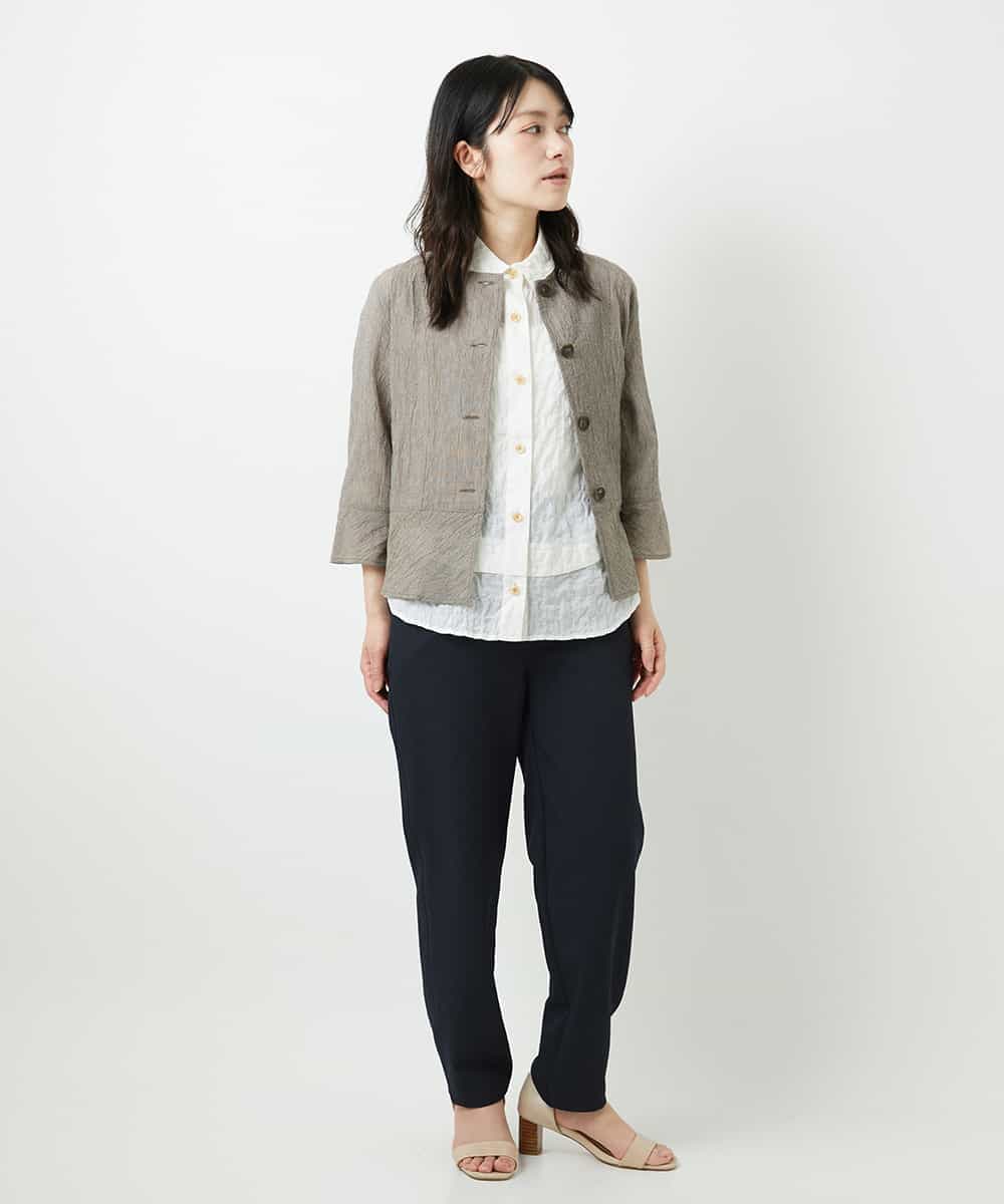 NHBHF80270 GIANNI LO GIUDICE(小さいサイズ)(メゾン ドゥ サンク) 綿麻ワッシャーペプラムデザインブラウス ブラウン