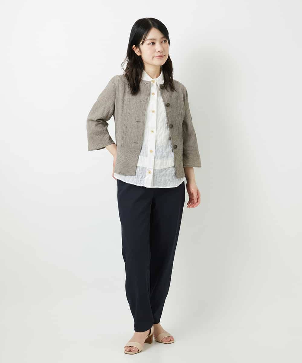 NHBHF80270 GIANNI LO GIUDICE(小さいサイズ)(メゾン ドゥ サンク) 綿麻ワッシャーペプラムデザインブラウス ブラウン