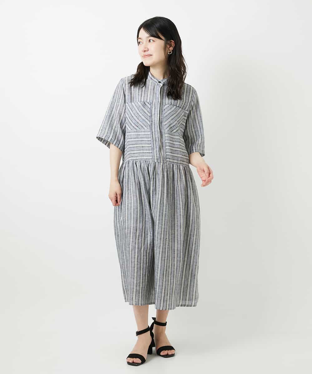 NHEGF92390 GIANNI LO GIUDICE(小さいサイズ)(メゾン ドゥ サンク) リネンストライプワンピース グレー系