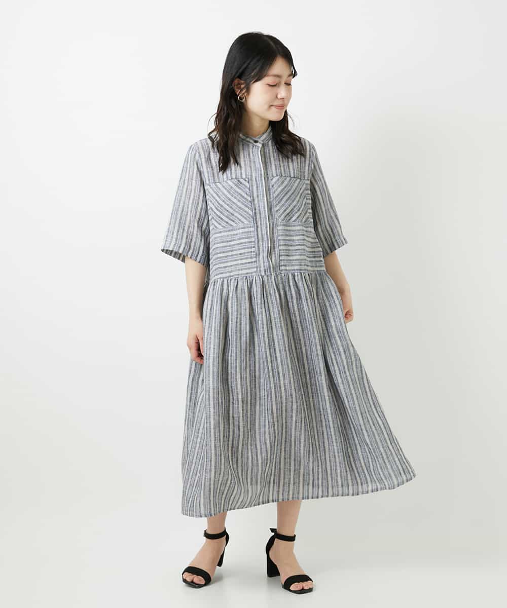 NHEGF92390 GIANNI LO GIUDICE(小さいサイズ)(メゾン ドゥ サンク) リネンストライプワンピース グレー系