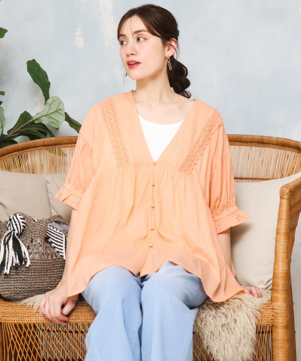 OLBFD03089 eur3(エウルキューブ) 【大きいサイズ】ピンタックコットンブラウス オレンジ
