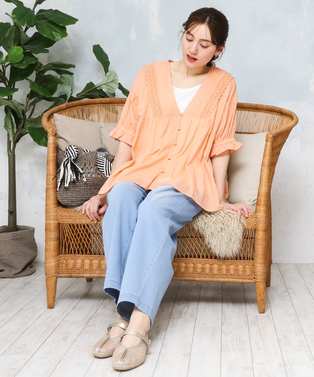 OLBFD03089 eur3(エウルキューブ) 【大きいサイズ】ピンタックコットンブラウス オレンジ