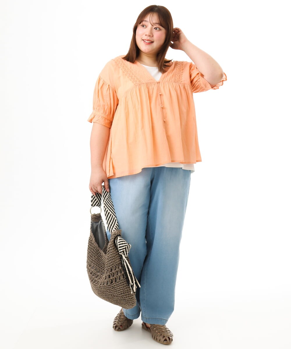 OLBFD03089 eur3(エウルキューブ) 【大きいサイズ】ピンタックコットンブラウス オレンジ