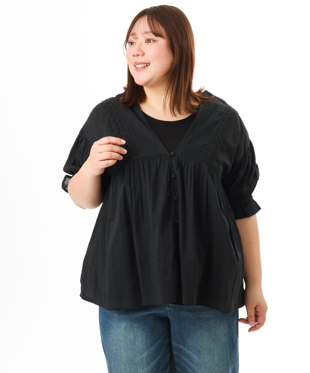 OLBFD03089 eur3(エウルキューブ) 【大きいサイズ】ピンタックコットンブラウス ブラック