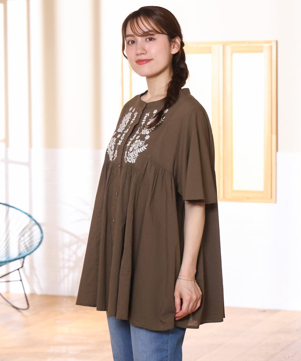 OLBHD14119 eur3(エウルキューブ) 【大きいサイズ】インド綿刺繍ギャザーブラウス ダークブラウン
