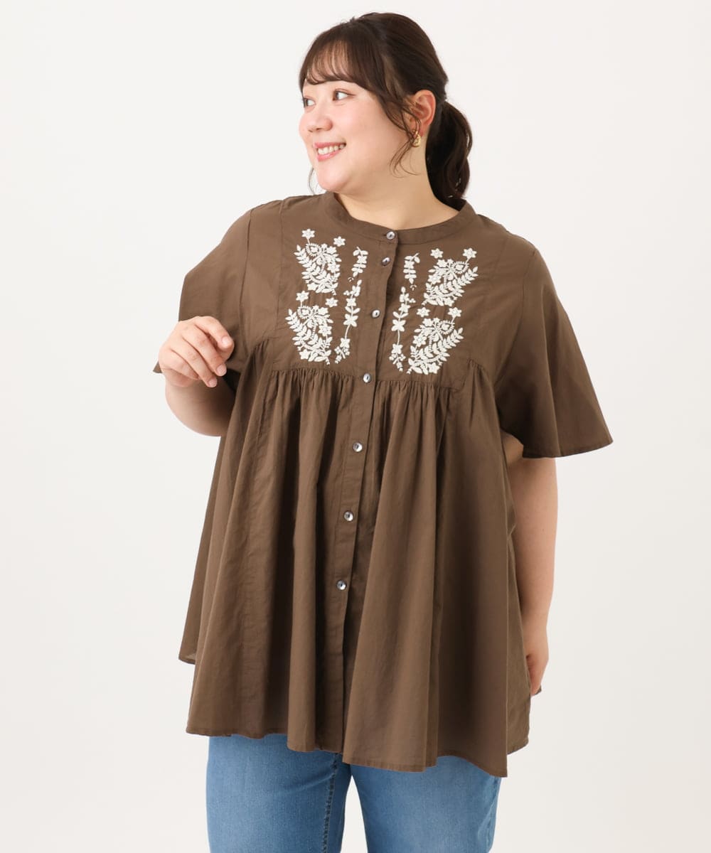 OLBHD14119 eur3(エウルキューブ) 【大きいサイズ】インド綿刺繍ギャザーブラウス ダークブラウン