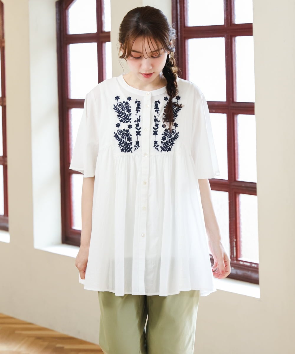 OLBHD14119 eur3(エウルキューブ) 【大きいサイズ】インド綿刺繍ギャザーブラウス ホワイト