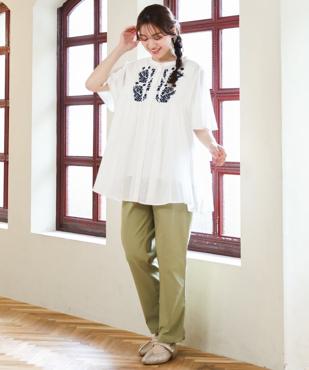 OLBHD14119 eur3(エウルキューブ) 【大きいサイズ】インド綿刺繍ギャザーブラウス ホワイト