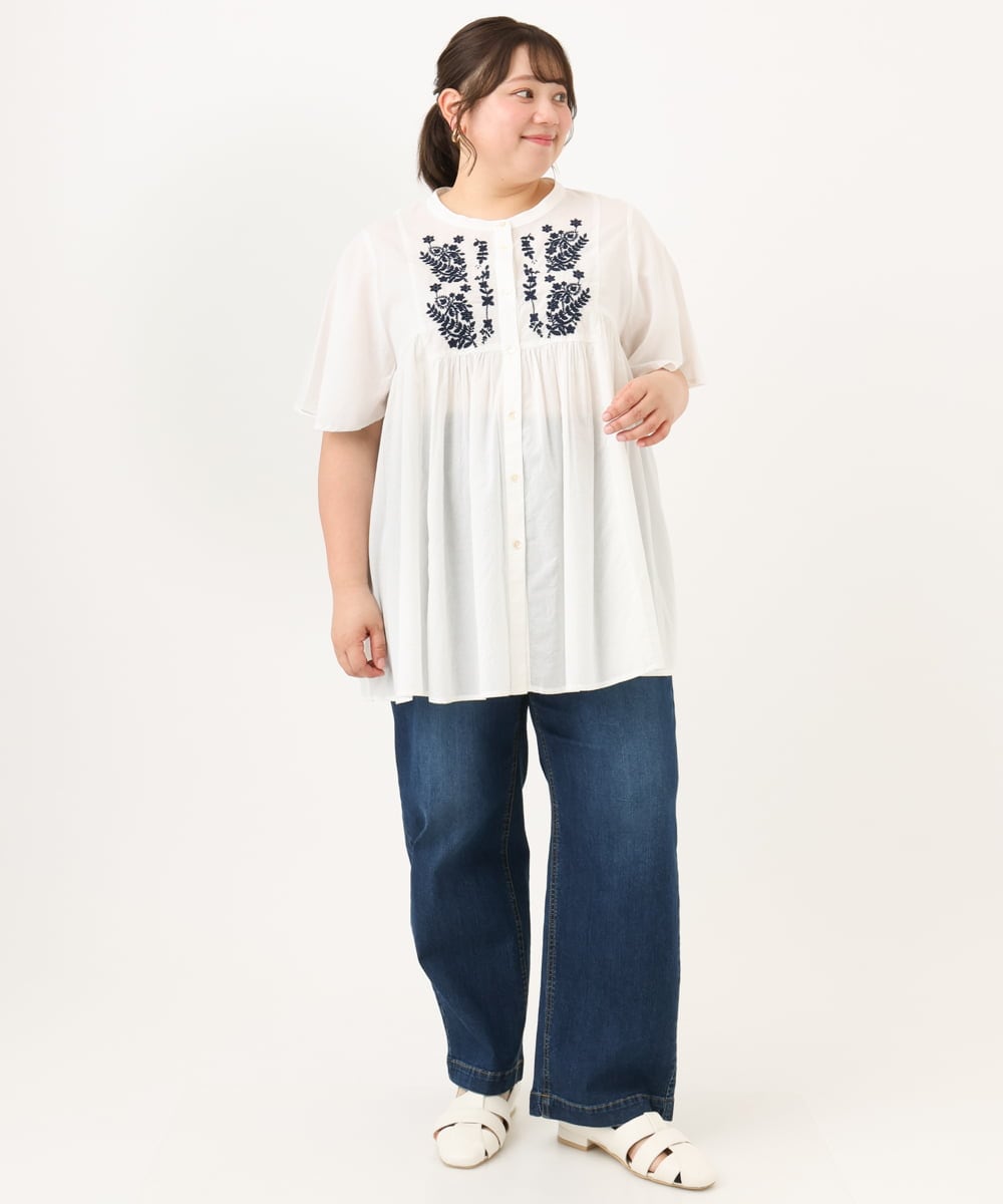 OLBHD14119 eur3(エウルキューブ) 【大きいサイズ】インド綿刺繍ギャザーブラウス ホワイト