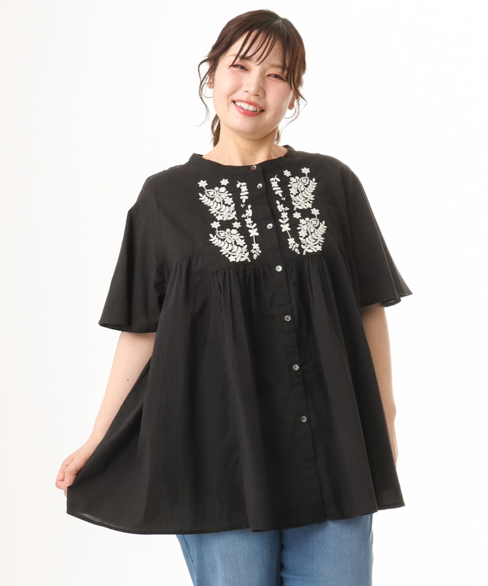 OLBHD14119 eur3(エウルキューブ) 【大きいサイズ】インド綿刺繍ギャザーブラウス ブラック