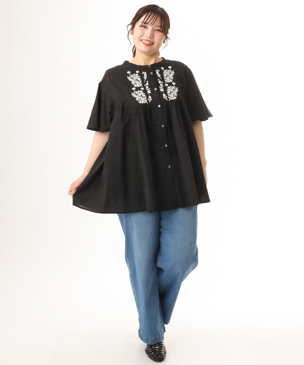 OLBHD14119 eur3(エウルキューブ) 【大きいサイズ】インド綿刺繍ギャザーブラウス ブラック