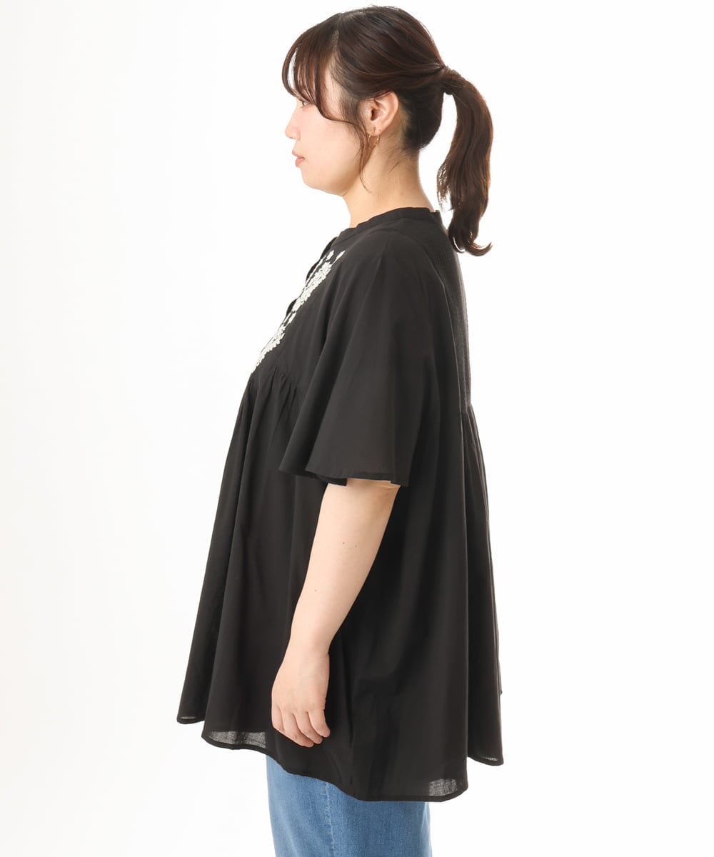 OLBHD14119 eur3(エウルキューブ) 【大きいサイズ】インド綿刺繍ギャザーブラウス ブラック