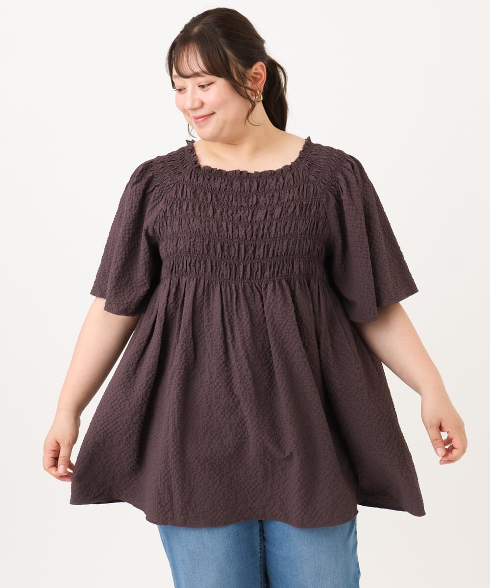 OLBID47089 eur3(エウルキューブ) 【大きいサイズ/速乾】ギンガムチェックシャーリングブラウス ダークブラウン
