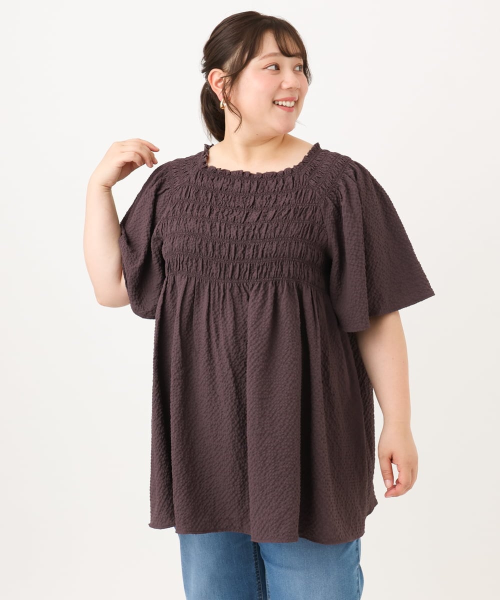 OLBID47089 eur3(エウルキューブ) 【大きいサイズ/速乾】ギンガムチェックシャーリングブラウス ダークブラウン