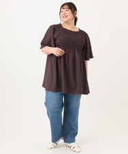 OLBID47089 eur3(エウルキューブ) 【大きいサイズ/速乾】ギンガムチェックシャーリングブラウス ダークブラウン
