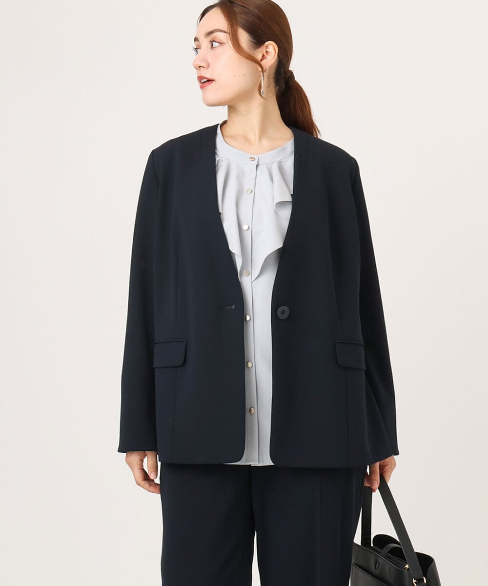 OLDLA02179 eur3(エウルキューブ) 【大きいサイズ/11号サイズあり】カットジョーゼットノーカラージャケット ネイビー(57)