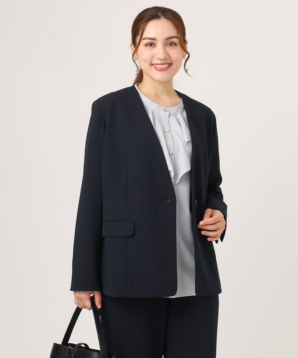 OLDLA02179 eur3(エウルキューブ) 【大きいサイズ/11号サイズあり】カットジョーゼットノーカラージャケット ネイビー(57)