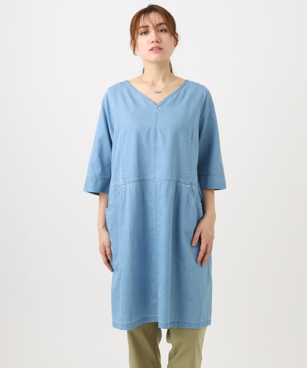 OLEED12099 eur3(エウルキューブ) 【大きいサイズ】Vネックデニムチュニック ライトブルー
