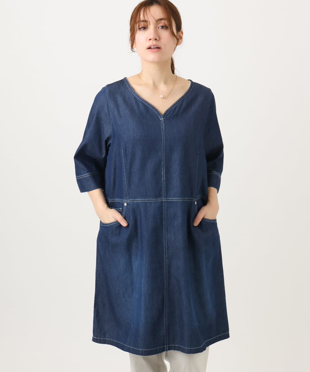OLEED12099 eur3(エウルキューブ) 【大きいサイズ】Vネックデニムチュニック ネイビー