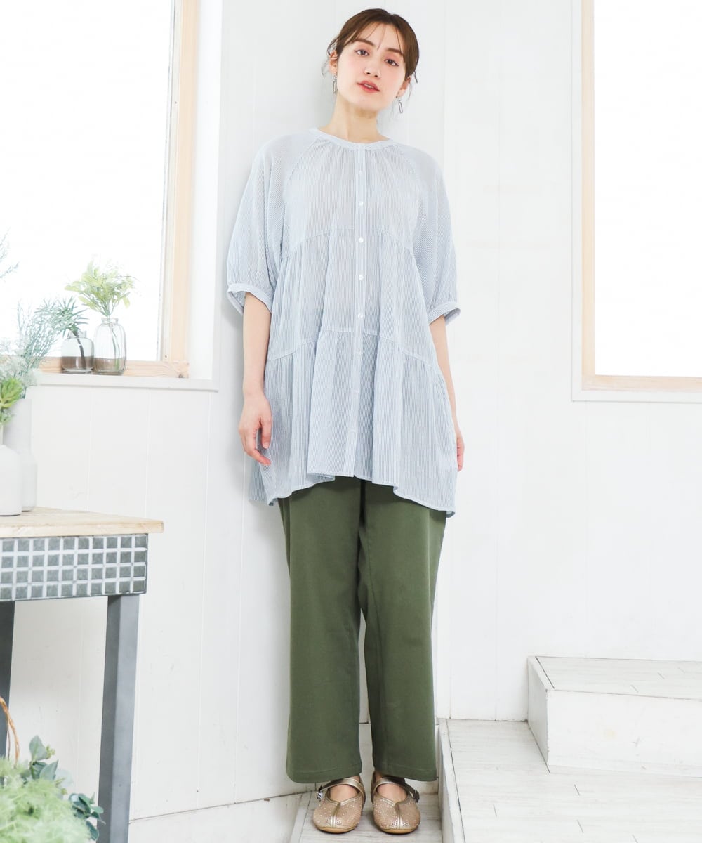 OLEFD03089 eur3(エウルキューブ) 【大きいサイズ】コットンティアードブラウスチュニック ブルー(ストライプ)