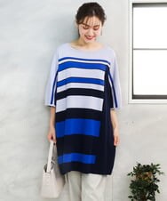 OLEFD13119 eur3(エウルキューブ) 【大きいサイズ/接触冷感】パネルボーダーニットチュニック ブルー