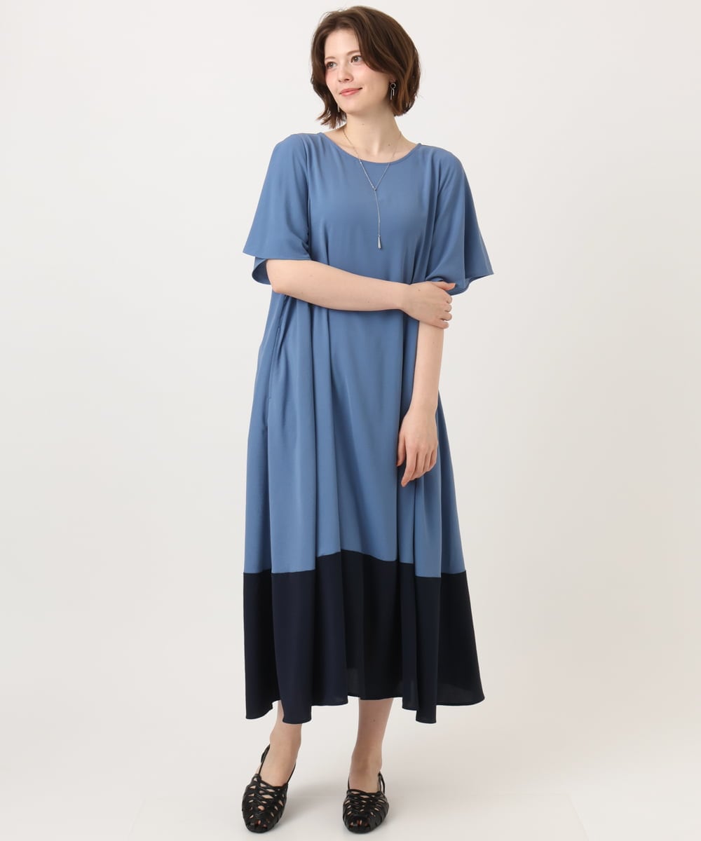 OLEGD23139 eur3(エウルキューブ) 【大きいサイズ】バイカラーフレアスリーブワンピース ブルー