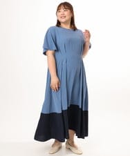 OLEGD23139 eur3(エウルキューブ) 【大きいサイズ】バイカラーフレアスリーブワンピース ブルー