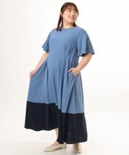 OLEGD23139 eur3(エウルキューブ) 【大きいサイズ】バイカラーフレアスリーブワンピース ブルー