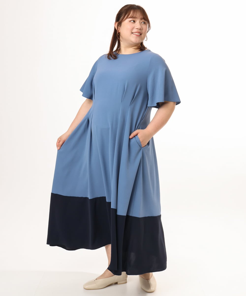 OLEGD23139 eur3(エウルキューブ) 【大きいサイズ】バイカラーフレアスリーブワンピース ブルー
