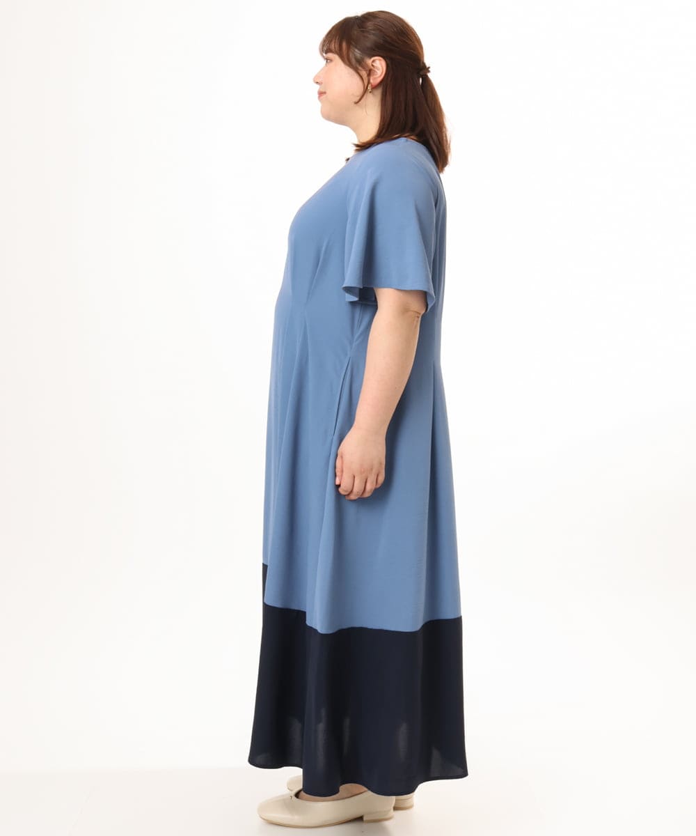 OLEGD23139 eur3(エウルキューブ) 【大きいサイズ】バイカラーフレアスリーブワンピース ブルー