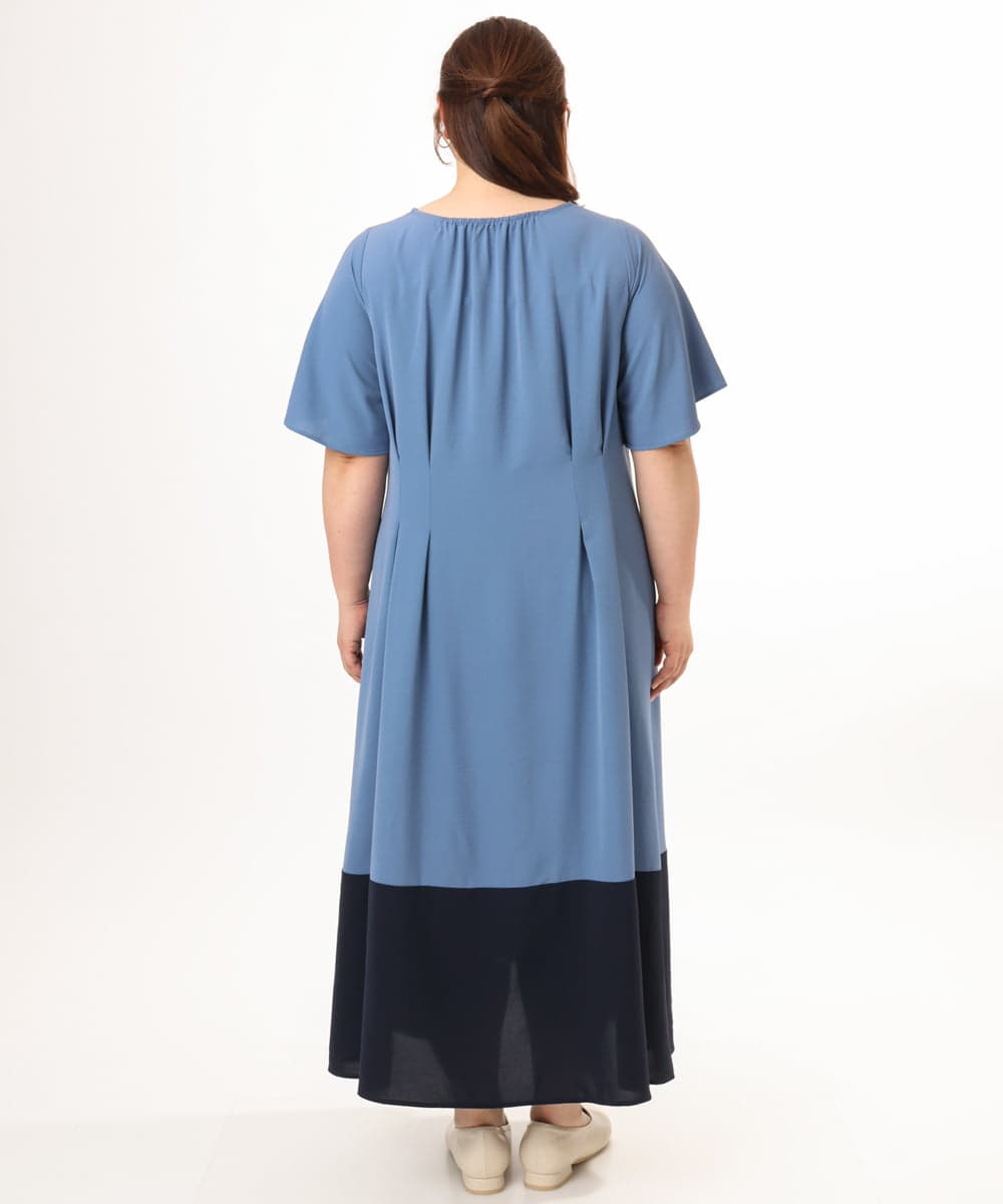 OLEGD23139 eur3(エウルキューブ) 【大きいサイズ】バイカラーフレアスリーブワンピース ブルー