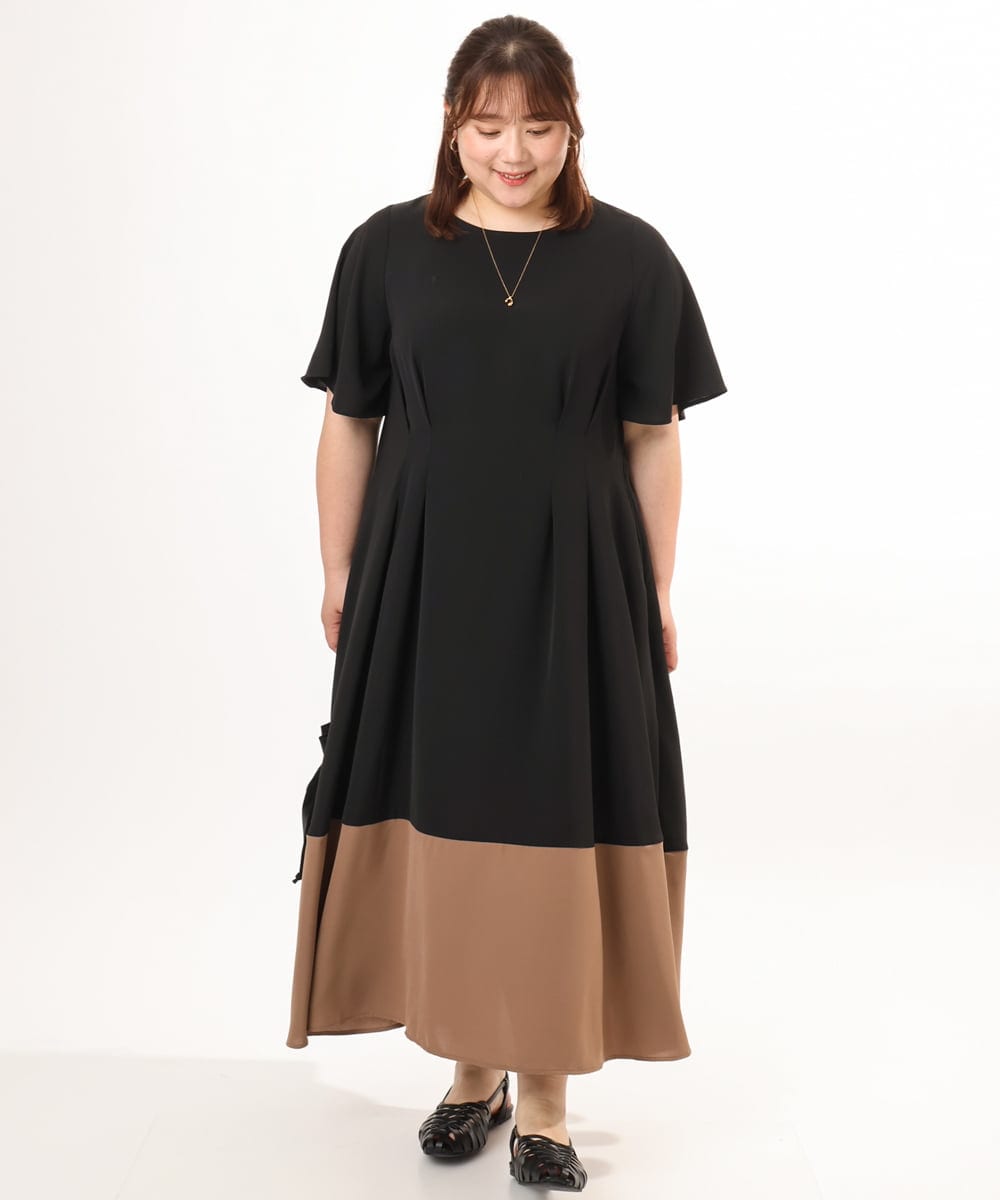 OLEGD23139 eur3(エウルキューブ) 【大きいサイズ】バイカラーフレアスリーブワンピース ブラック