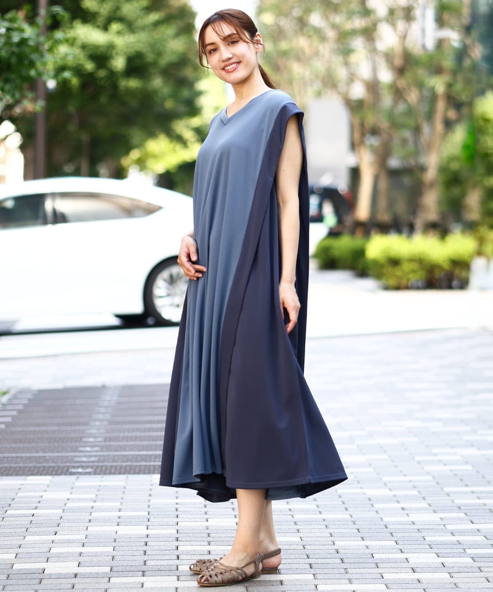 OLEJD04129 eur3(エウルキューブ) 【大きいサイズ/LAVEANGE×eur3】バイカラーノースリーブワンピース ブルー