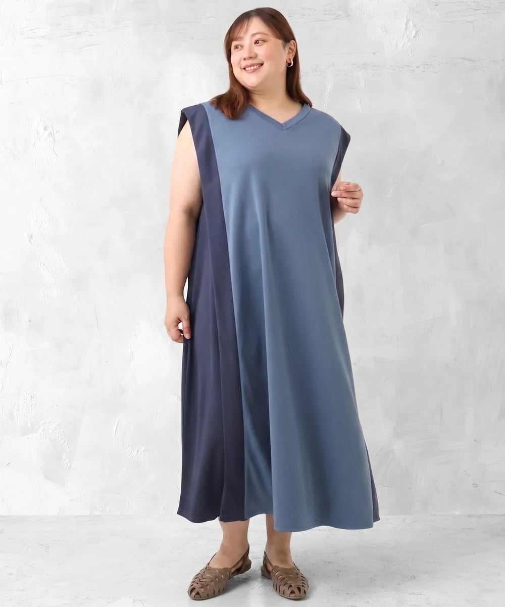 OLEJD04129 eur3(エウルキューブ) 【大きいサイズ/LAVEANGE×eur3】バイカラーノースリーブワンピース ブルー