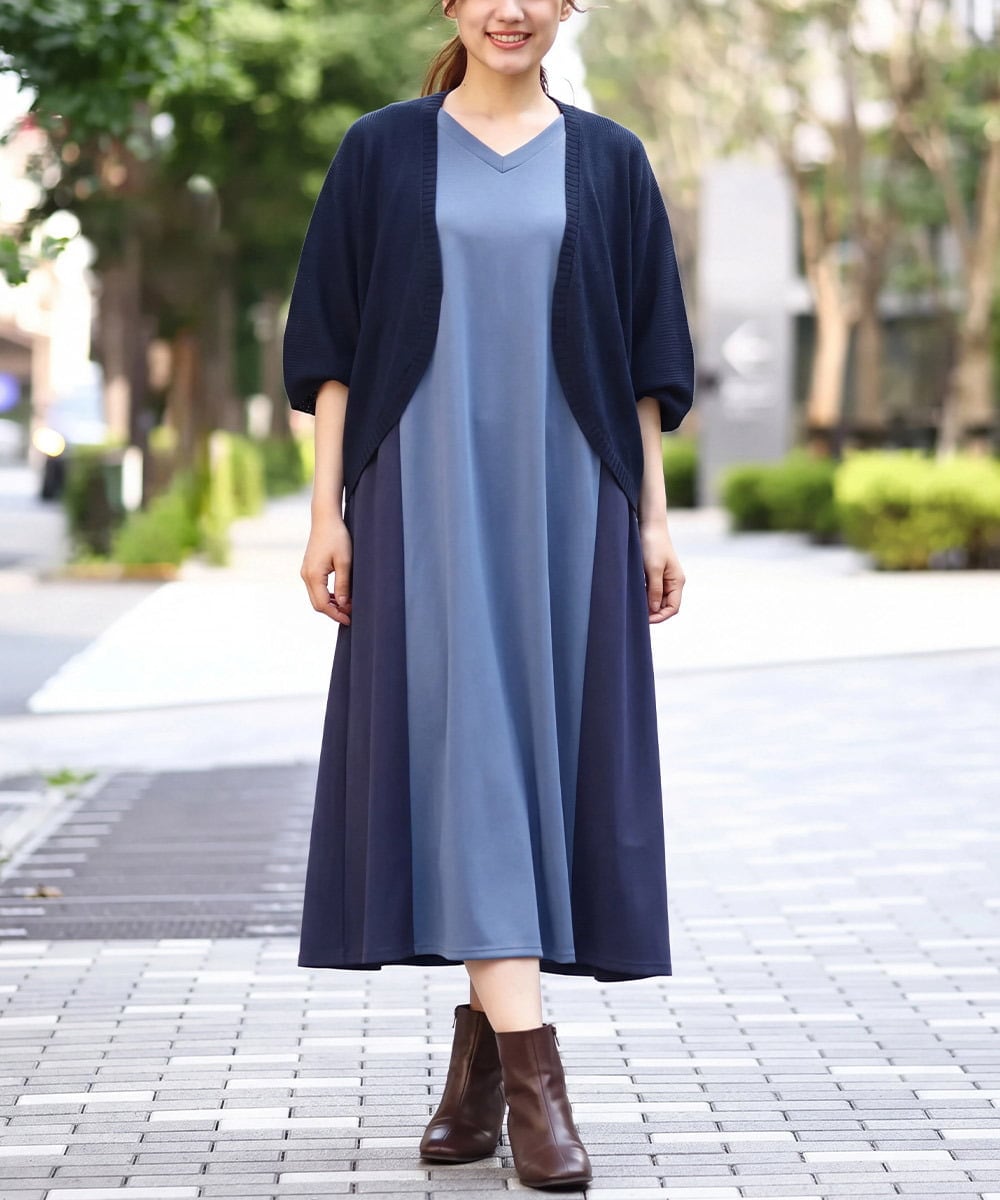 OLEJD04129 eur3(エウルキューブ) 【大きいサイズ/LAVEANGE×eur3】バイカラーノースリーブワンピース ブルー