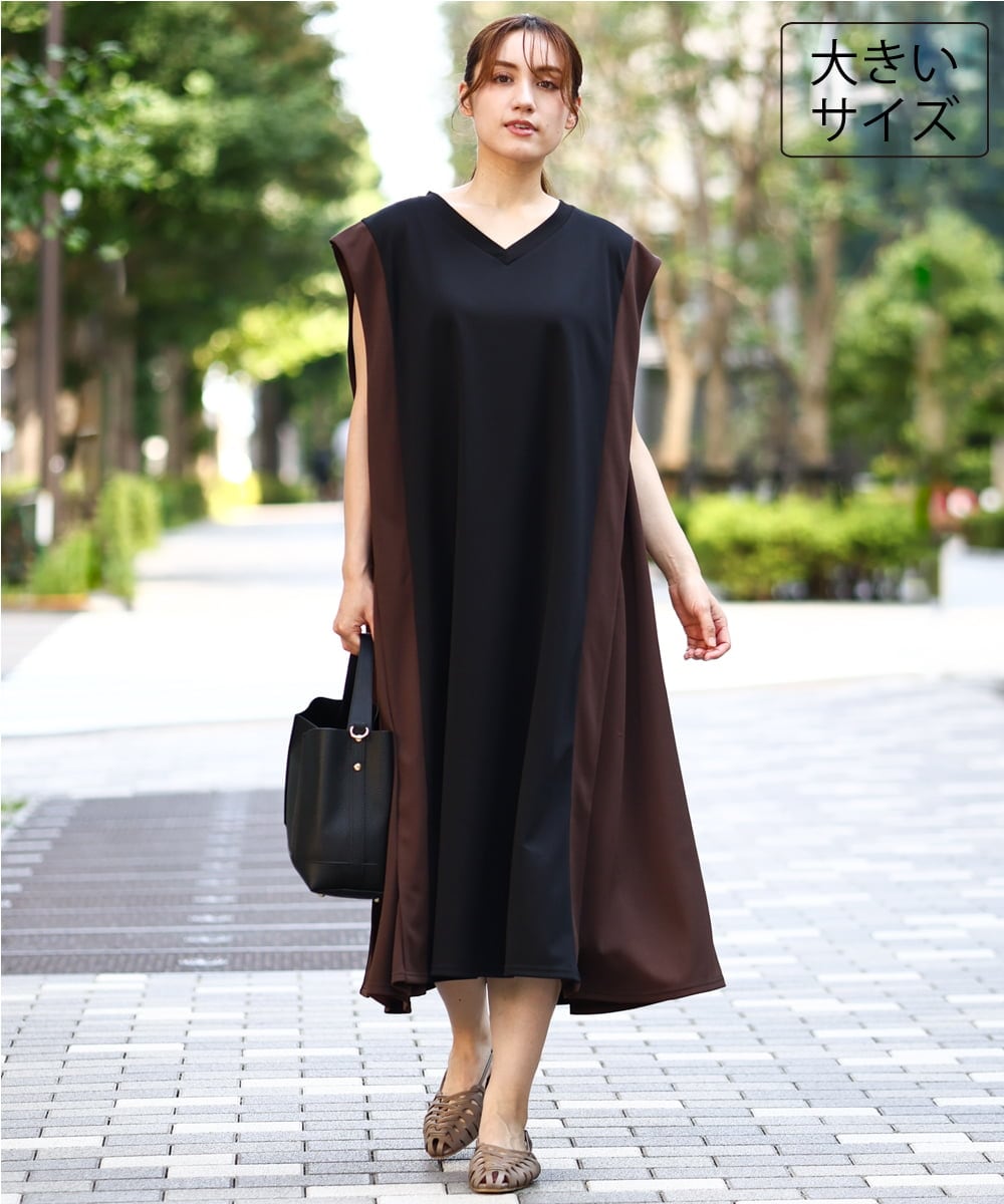 OLEJD04129 eur3(エウルキューブ) 【大きいサイズ/LAVEANGE×eur3】バイカラーノースリーブワンピース ブラック