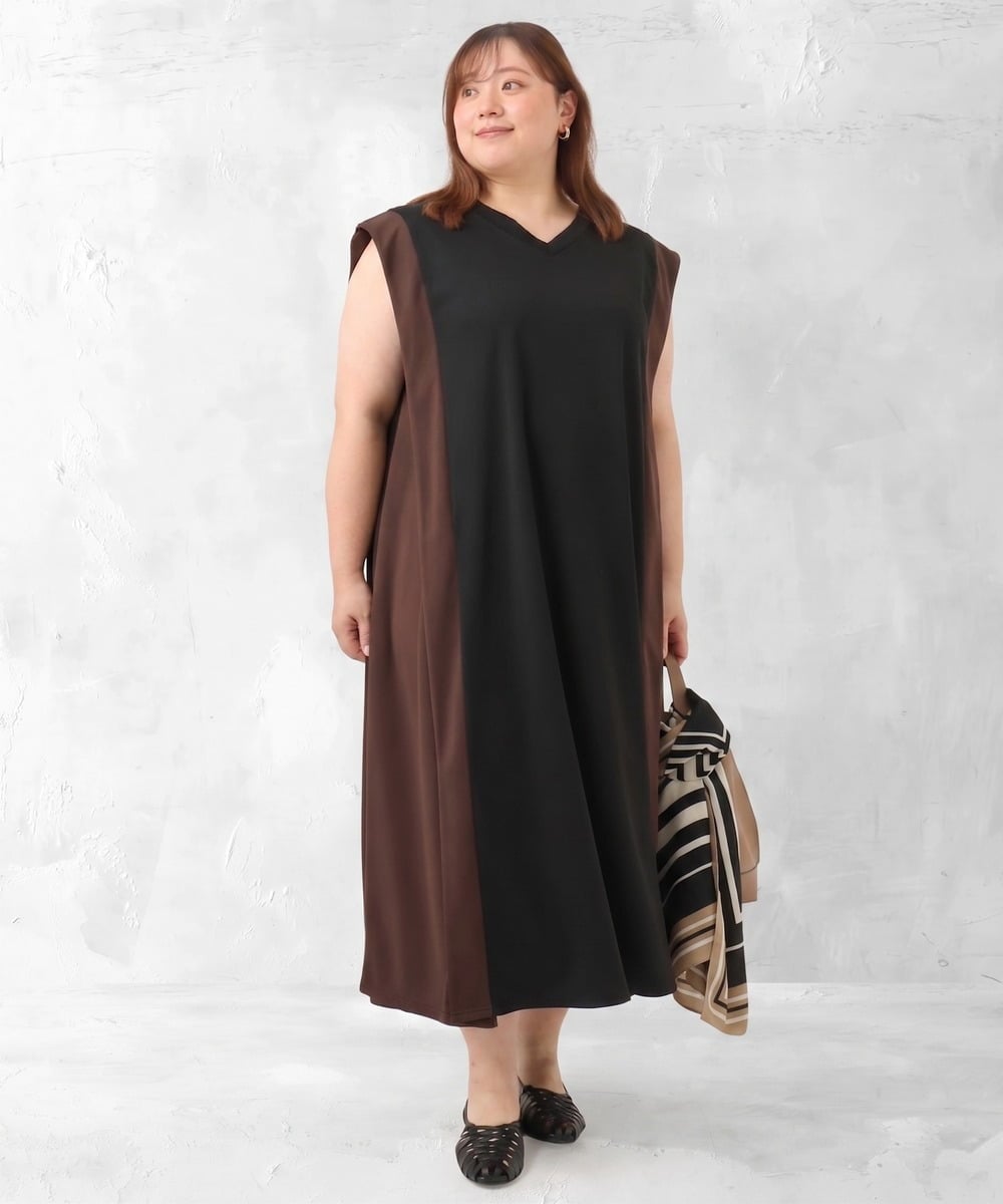 OLEJD04129 eur3(エウルキューブ) 【大きいサイズ/LAVEANGE×eur3】バイカラーノースリーブワンピース ブラック