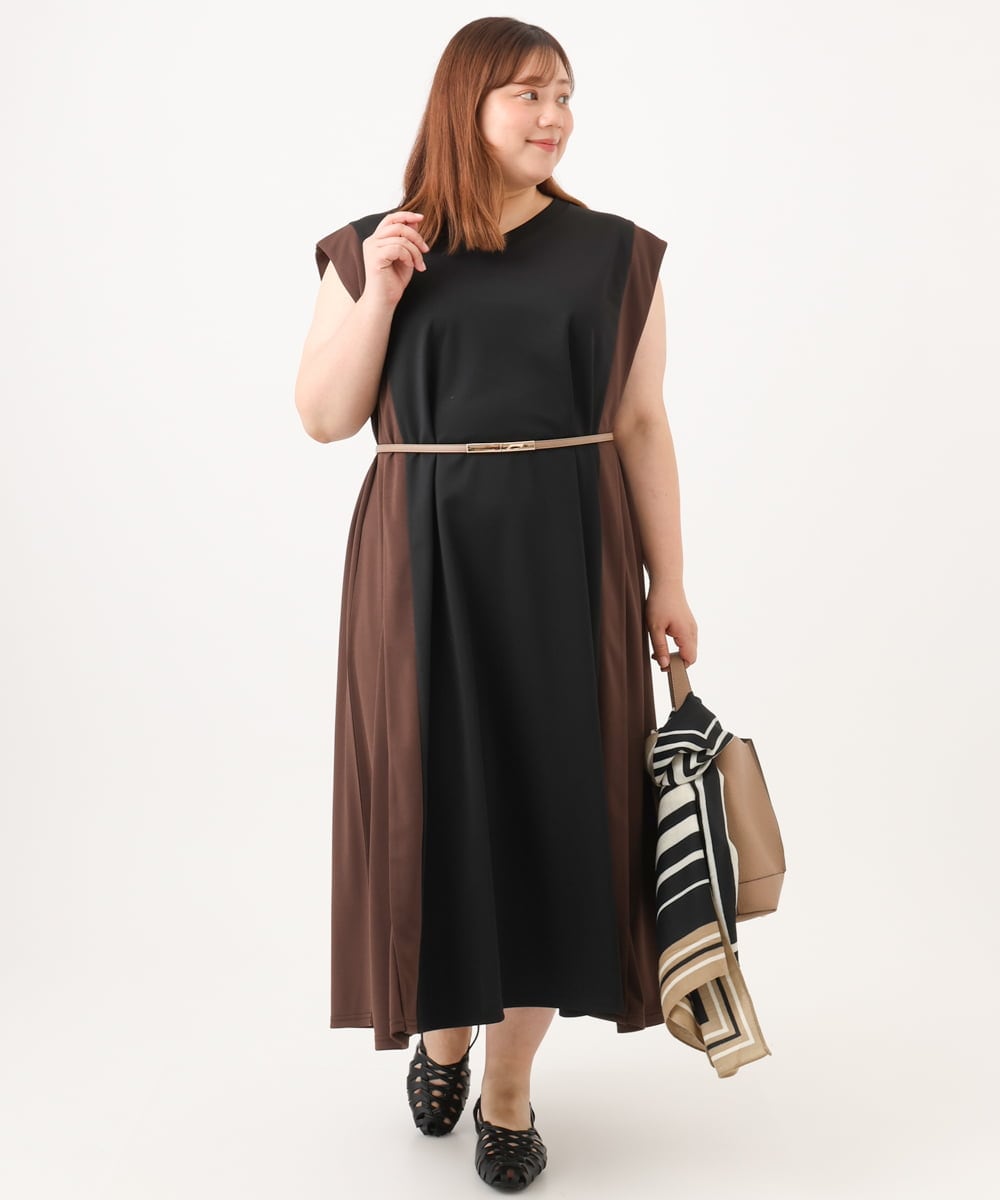 OLEJD04129 eur3(エウルキューブ) 【大きいサイズ/LAVEANGE×eur3】バイカラーノースリーブワンピース ブラック