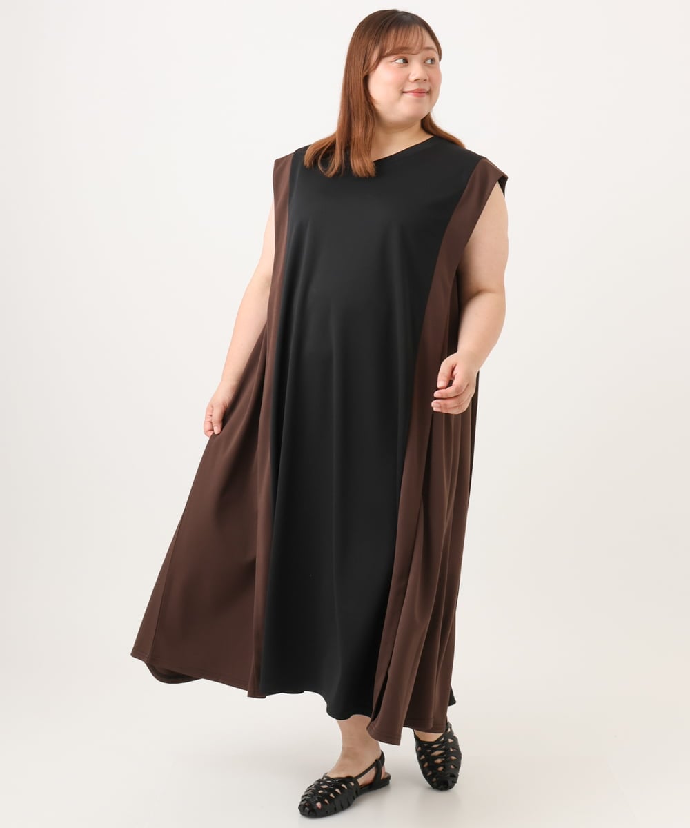 OLEJD04129 eur3(エウルキューブ) 【大きいサイズ/LAVEANGE×eur3】バイカラーノースリーブワンピース ブラック