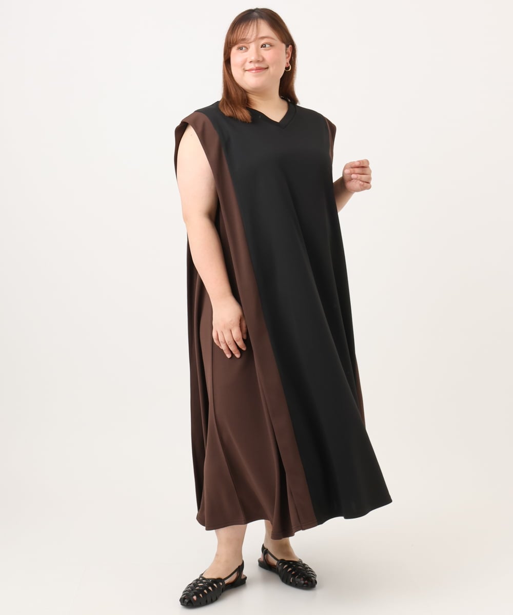 OLEJD04129 eur3(エウルキューブ) 【大きいサイズ/LAVEANGE×eur3】バイカラーノースリーブワンピース ブラック