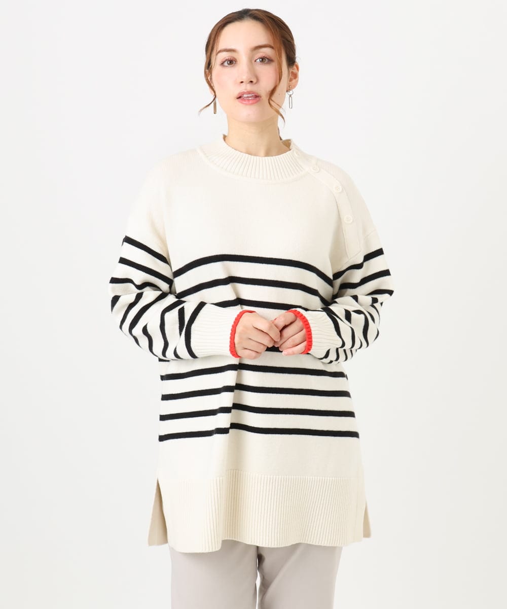 OLFBD16089 eur3(エウルキューブ) 【大きいサイズ】パネルボーダー配色ラインニット アイボリー(80)