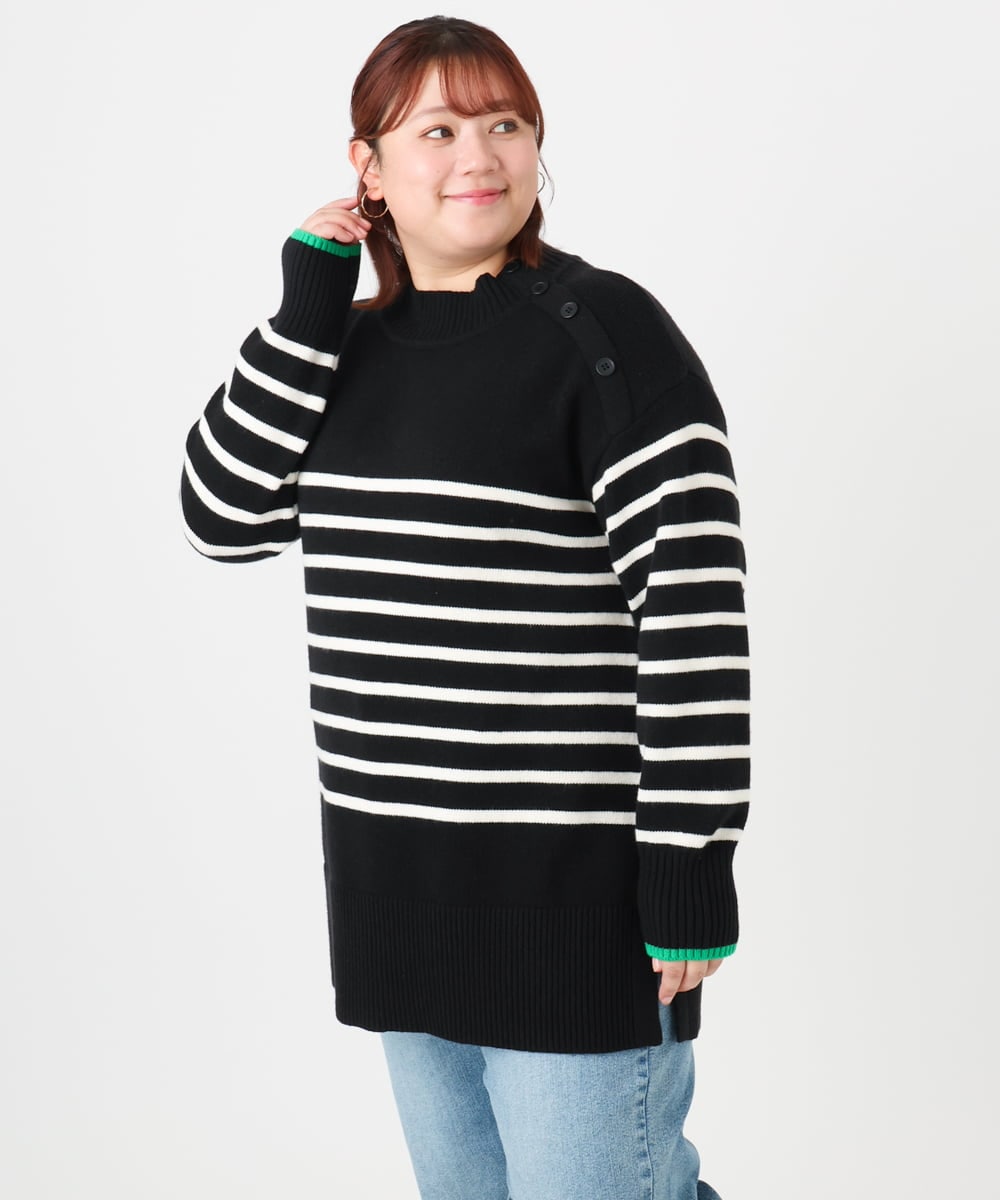 OLFBD16089 eur3(エウルキューブ) 【大きいサイズ】パネルボーダー配色ラインニット ブラック(94)