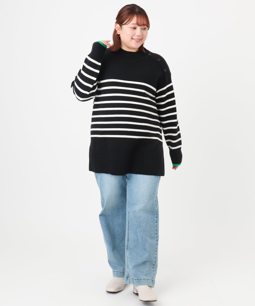 OLFBD16089 eur3(エウルキューブ) 【大きいサイズ】パネルボーダー配色ラインニット ブラック(94)