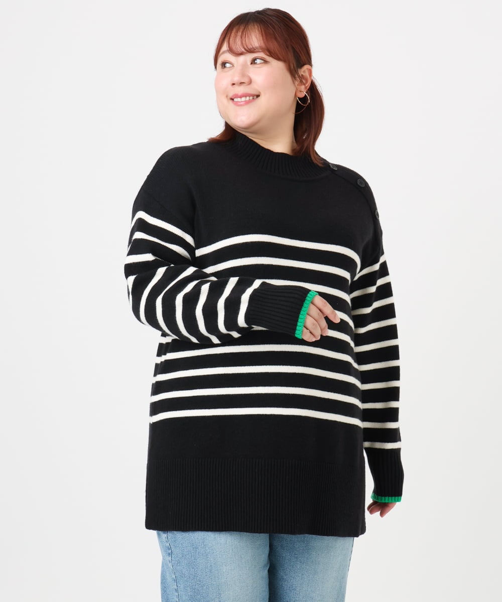 OLFBD16089 eur3(エウルキューブ) 【大きいサイズ】パネルボーダー配色ラインニット ブラック(94)