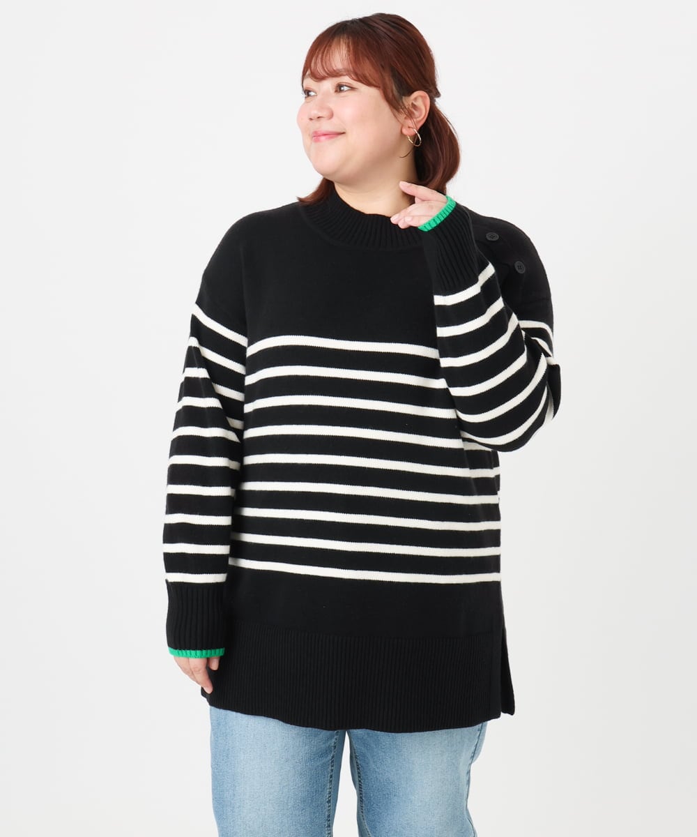 OLFBD16089 eur3(エウルキューブ) 【大きいサイズ】パネルボーダー配色ラインニット ブラック(94)