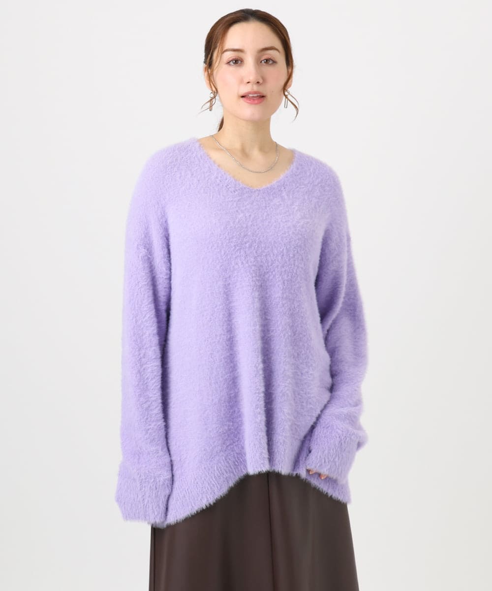 OLFBD19069 eur3(エウルキューブ) 【大きいサイズ/a.v.v×eur3】フェザーヤーンVネックニット ラベンダー(60)